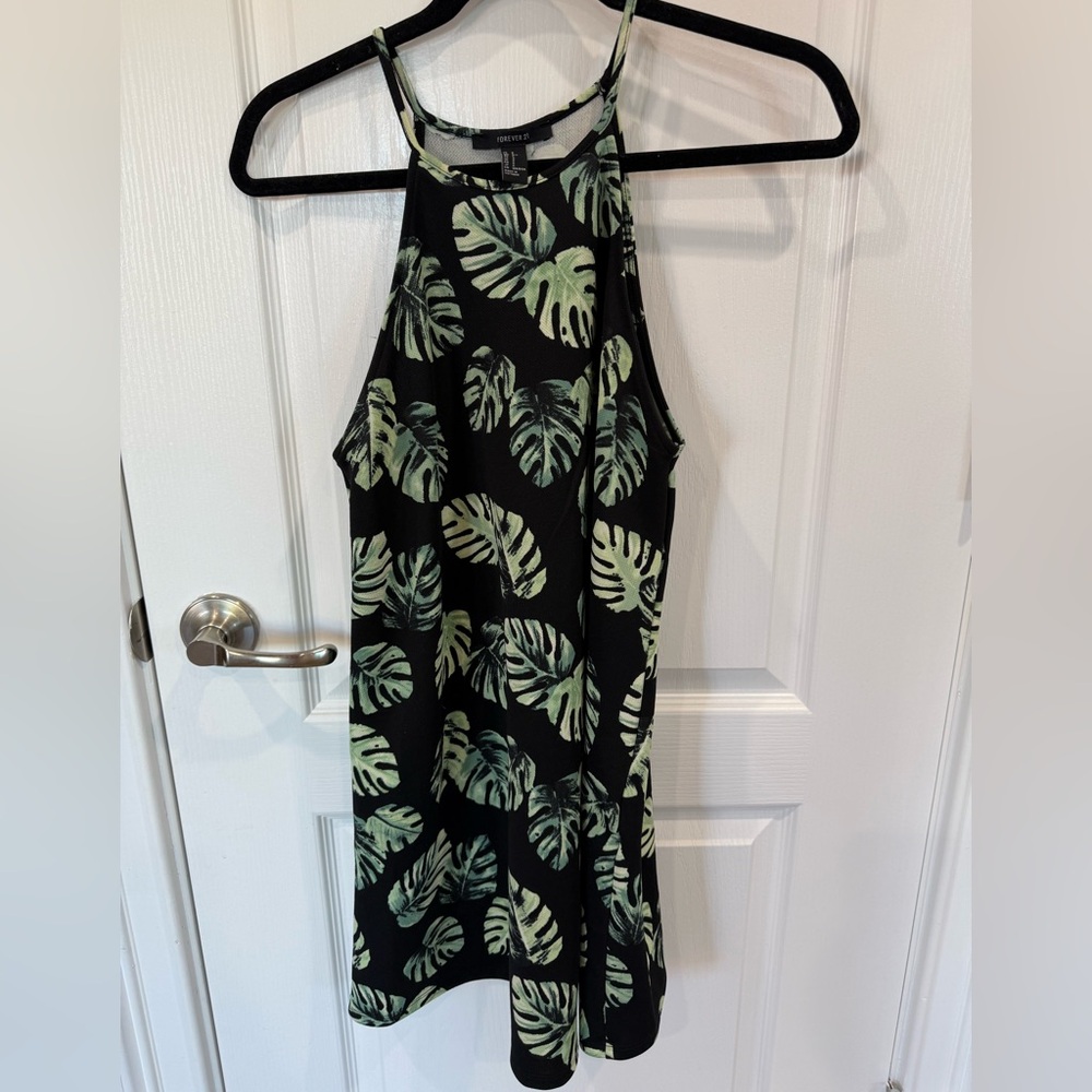 Forever 21 Black Tank Top with Green Leaf Print